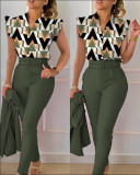 Stylish Printed Ruffle Sleeve Top Solid Color Pants Two Piece Set With Belt