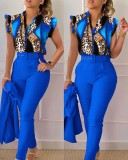 Stylish Printed Ruffle Sleeve Top Solid Color Pants Two Piece Set With Belt