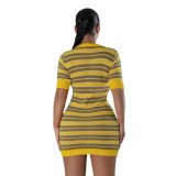 Women Round Neck Striped Knitting Short Sleeve Dress