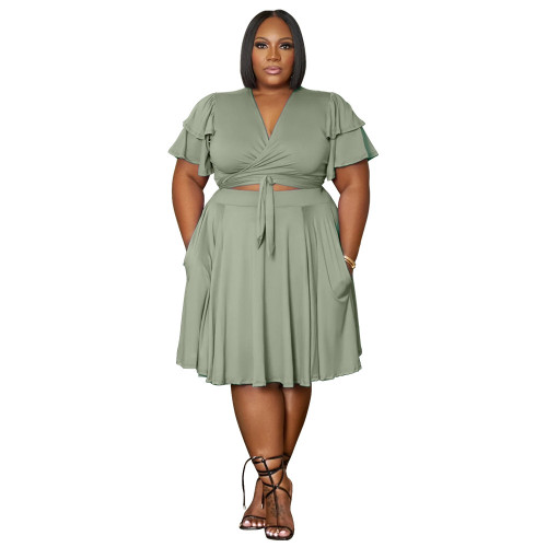 Women's Ruffle Sleeve Lace-Up V-Neck Top Loose Pocket Skirt Plus Size Two Piece Set