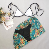 Women Leopard Print Lace-Up Wrap Skirt Bikini Swimwear Three-Piece