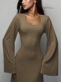 Plus Size Women Belt Bottom Long Sleeve Ribbed Dress