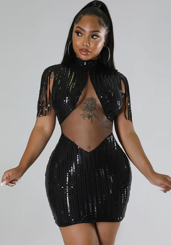 Women Tassel Sequin Sexy Hollow Bodycon Dress