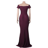 Women Short Sleeve French Sexy V-Neck Evening Dress solid Split Long Dress