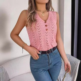 Women Spring and Summer Button V-Neck Hollow Sleeveless Holidays Knitting Top
