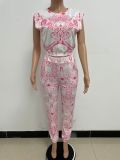 Fashionable Women's Printed Sleeveless Casual Two Piece Pants Set