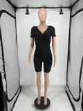 Women's Summer Cross V Neck Short Sleeve Top Elastic Shorts Casual Two Piece Set