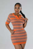 Women Round Neck Striped Knitting Short Sleeve Dress