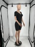 Women's Summer Cross V Neck Short Sleeve Top Elastic Shorts Casual Two Piece Set