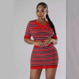 Women Round Neck Striped Knitting Short Sleeve Dress