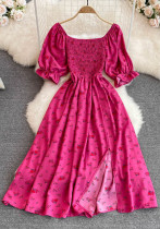 Women summer French square neck puff short sleeve slit dress Women summer French square neck puff short sleeve slit dress