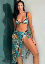 Women Leopard Print Lace-Up Wrap Skirt Bikini Swimwear Three-Piece