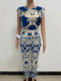 Fashionable Women's Printed Sleeveless Casual Two Piece Pants Set