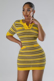 Women Round Neck Striped Knitting Short Sleeve Dress