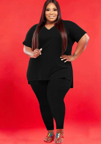 Plus size solid color V-neck short sleeve two piece pants set