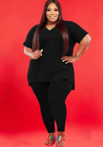 Plus size solid color V-neck short sleeve two piece pants set Plus size solid color V-neck short sleeve two piece pants set