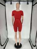 Women's Summer Cross V Neck Short Sleeve Top Elastic Shorts Casual Two Piece Set