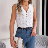 Women Spring and Summer Button V-Neck Hollow Sleeveless Holidays Knitting Top