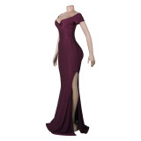 Women Short Sleeve French Sexy V-Neck Evening Dress solid Split Long Dress