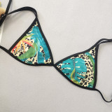 Women Leopard Print Lace-Up Wrap Skirt Bikini Swimwear Three-Piece