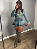 Women 's Embroidered Denim Top Pleated Skirt Two Piece Set