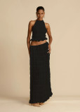 Women Spring Summer Casual Halter Neck Top and Long Skirt two-piece set