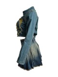 Women 's Embroidered Denim Top Pleated Skirt Two Piece Set