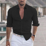 Men 's Summer Turndown Collar Long Sleeve Solid Color Beach Linen Shirt