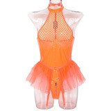 Sexy pu patent leather mesh splicing Halter Neck underwear mesh garter one-piece
