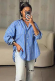 Spring Casual Blue And White Striped Career Loose Shirt