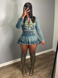 Women 's Embroidered Denim Top Pleated Skirt Two Piece Set