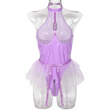 Sexy pu patent leather mesh splicing Halter Neck underwear mesh garter one-piece