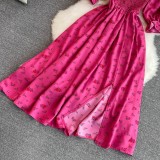 Women summer French square neck puff short sleeve slit dress