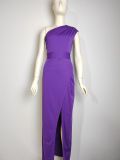 Women 's One Shoulder High Waist Front Slit Chic Dress