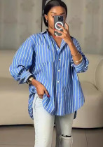 Spring Casual Blue And White Striped Career Loose Shirt