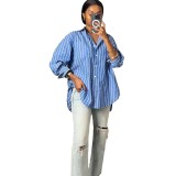 Spring Casual Blue And White Striped Career Loose Shirt