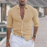 Men 's Summer Turndown Collar Long Sleeve Solid Color Beach Linen Shirt