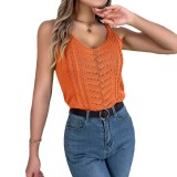 Spring And Summer Casual Solid Color V-Neck Hollow Top Holidays Knitting Shirt Women 's Clothing