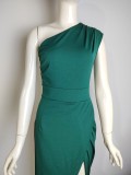 Women 's One Shoulder High Waist Front Slit Chic Dress