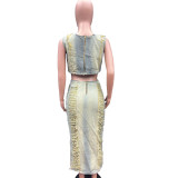Women Trend Style Frayed Tank Top and Slit Skirt Denim Two-piece Set