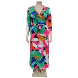 Plus Size Women Pocket Tie Printed Dress