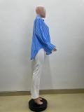 Spring Casual Blue And White Striped Career Loose Shirt