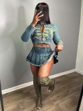 Women 's Embroidered Denim Top Pleated Skirt Two Piece Set