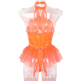 Sexy pu patent leather mesh splicing Halter Neck underwear mesh garter one-piece