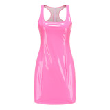Solid Color Strap Pu Leather Slim Dress