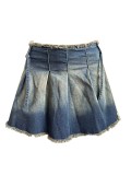 Women 's Embroidered Denim Top Pleated Skirt Two Piece Set