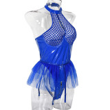 Sexy pu patent leather mesh splicing Halter Neck underwear mesh garter one-piece