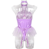 Sexy pu patent leather mesh splicing Halter Neck underwear mesh garter one-piece