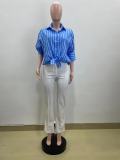 Spring Casual Blue And White Striped Career Loose Shirt