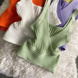 Women Vintage V-Neck Basics Solid Backless Top